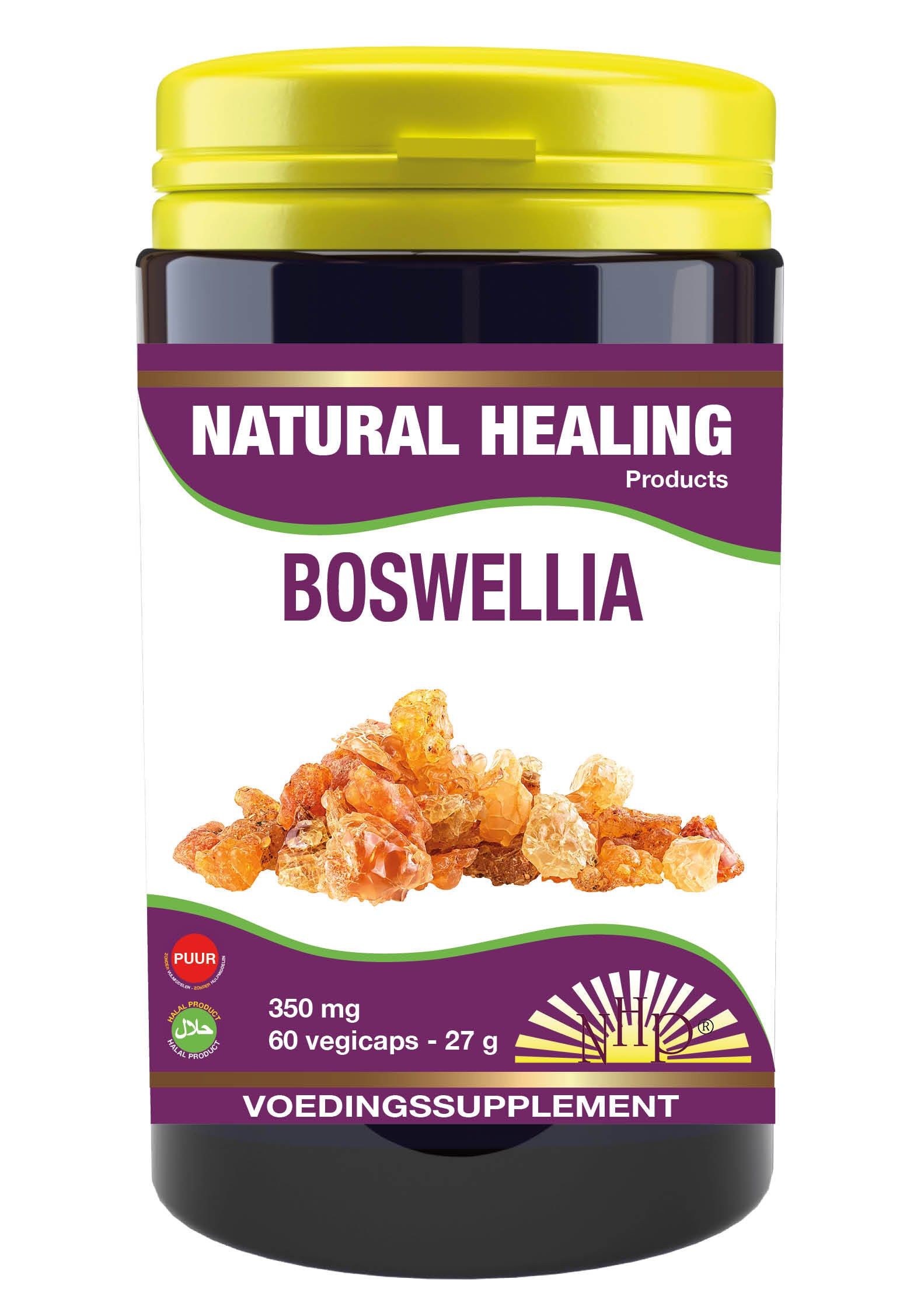NHP Boswellia 350mg vegetarian capsules, herbal supplement in transparent bottle with capsules visible inside.