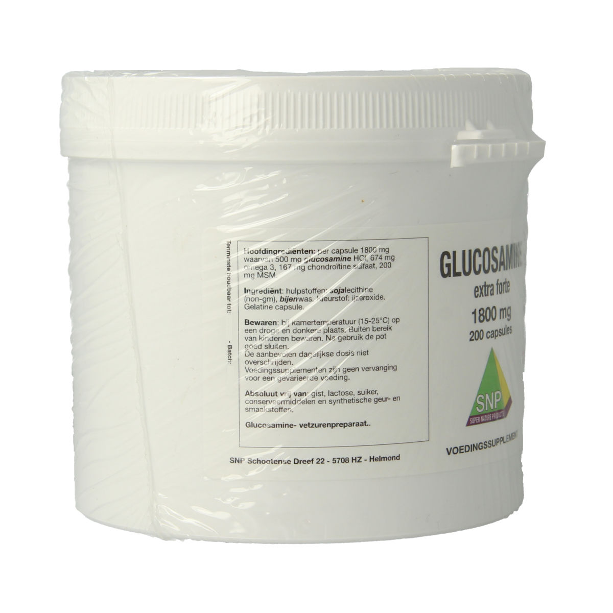SNP Glucosamine 1800mg mineral capsules, 200-count, showing the supplement bottle and label for joint support.