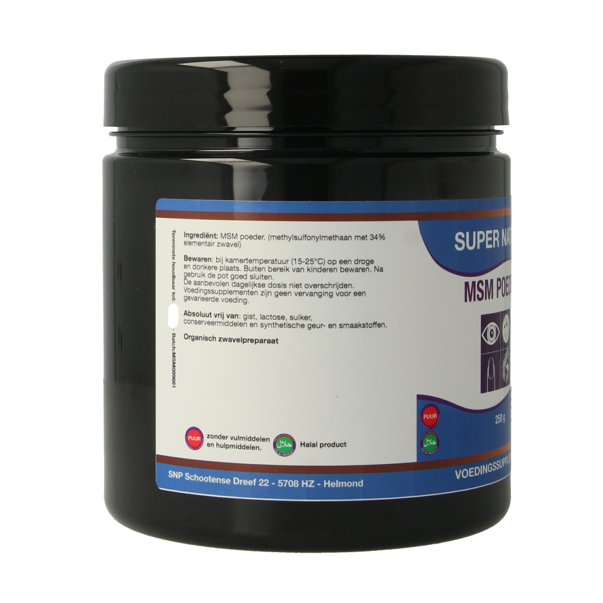SNP MSM zwavel poeder in 250g verpakking, mineraal supplement with white powder visible in the image