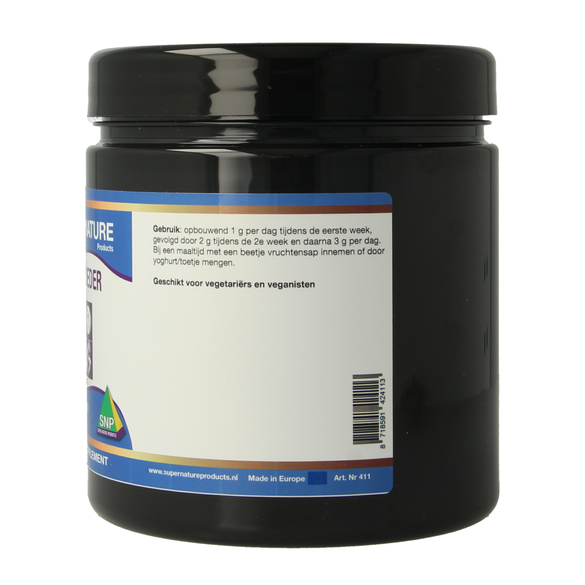 SNP MSM zwavel poeder in 250g container, a mineral supplement with a white powder appearance.