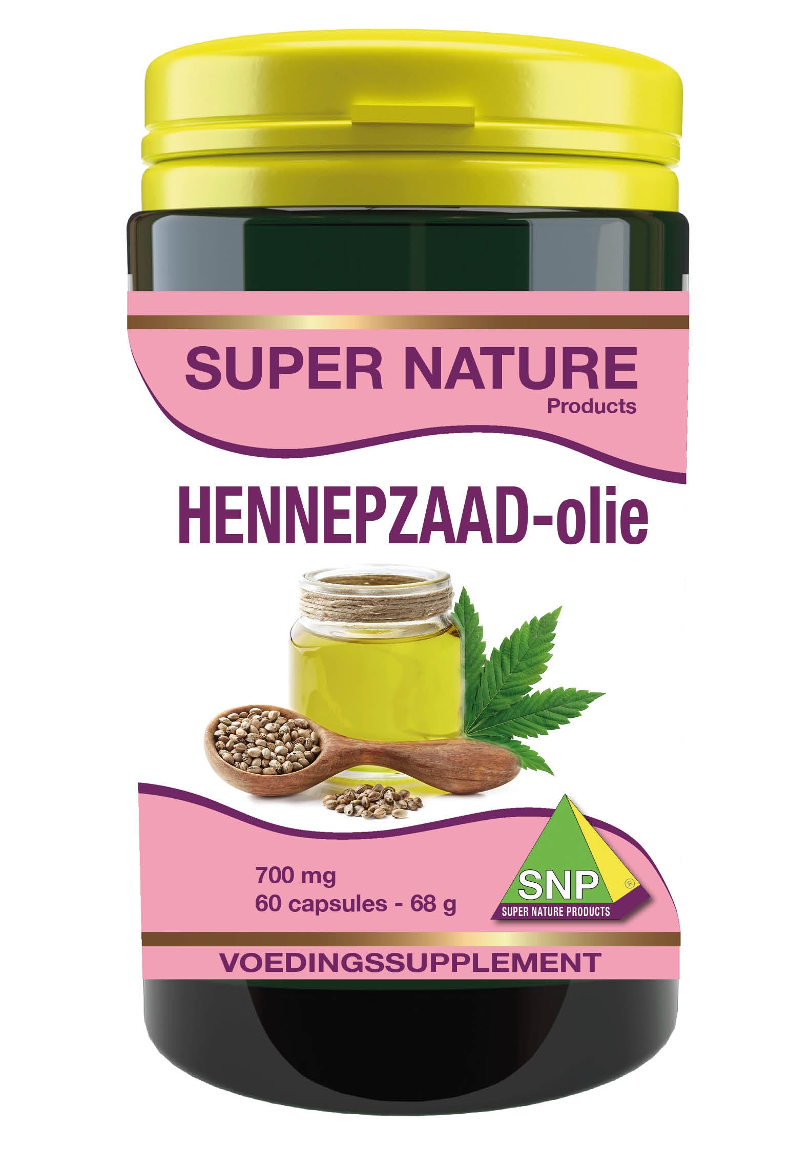 SNP Hennepzaad olie 60 capsules bottle, vegan omega fatty acids supplement with hemp seed oil, natural dietary supplement.