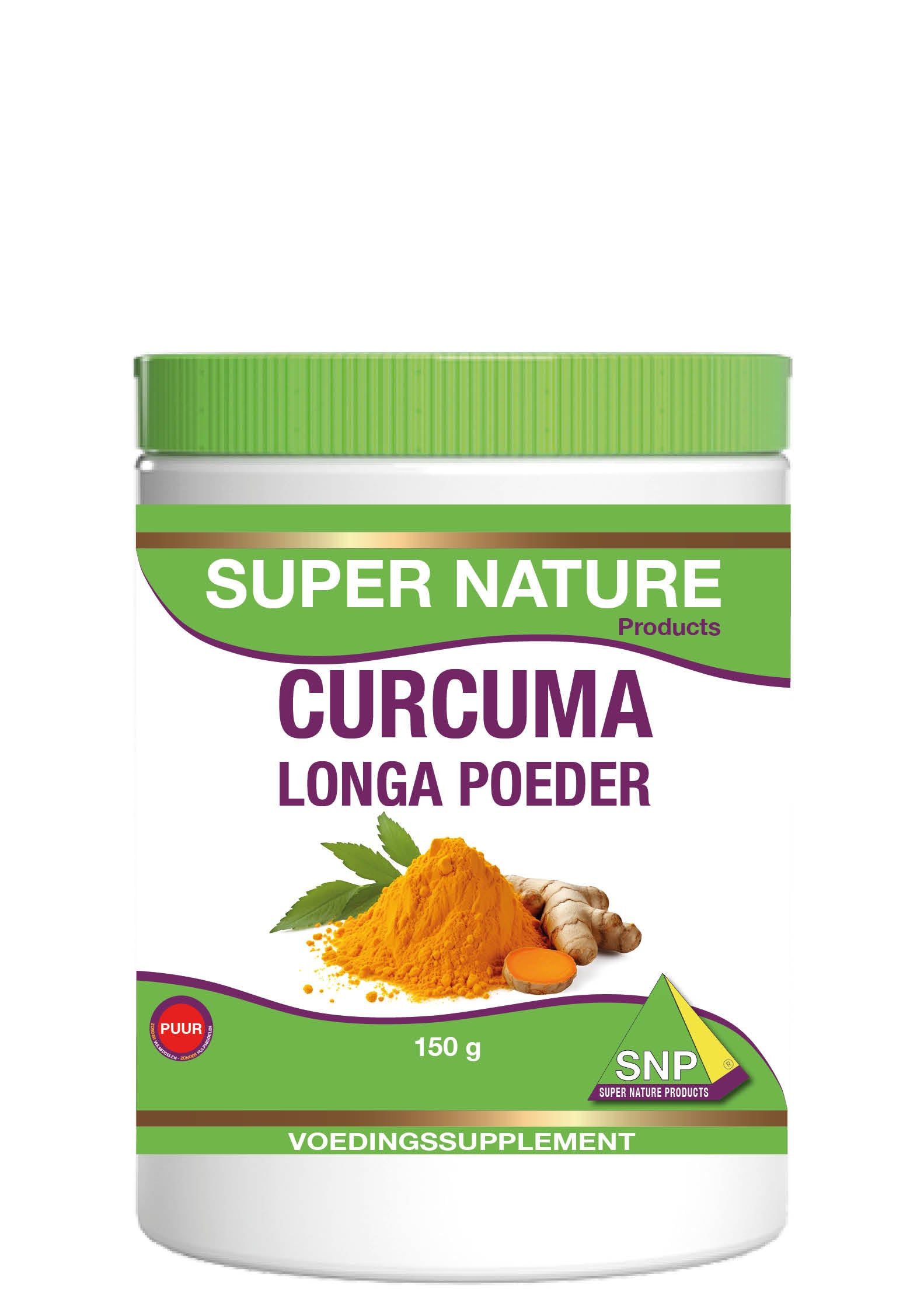 SNP Curcuma longa pure turmeric powder in a 150g package, showcasing the bright yellow spice in a natural setting