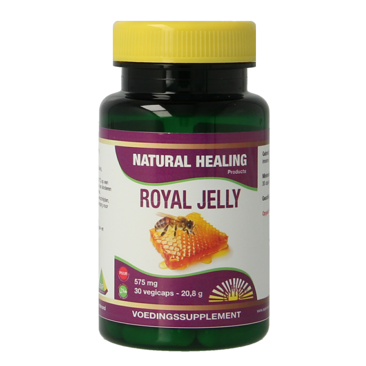 NHP Royal Jelly 2000mg vegetarian capsules, 30 count, natural dietary supplement in clear bottle with capsules visible inside.