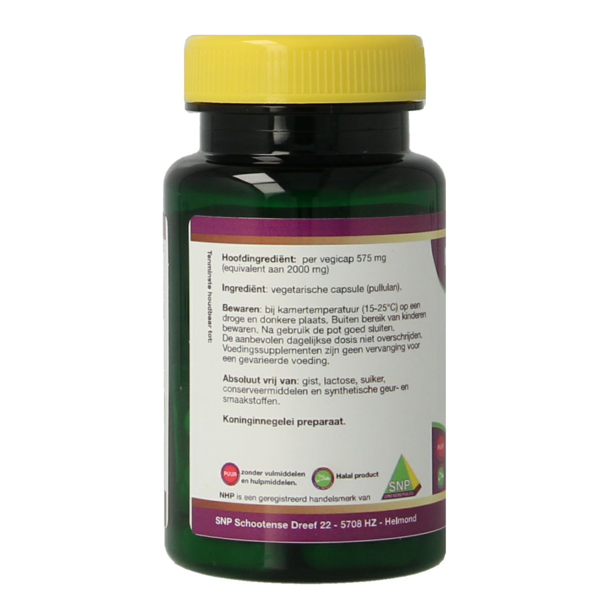 NHP Royal Jelly 2000mg pure vegetarian capsules, 30 count, with a close-up of the supplement bottle and capsules.