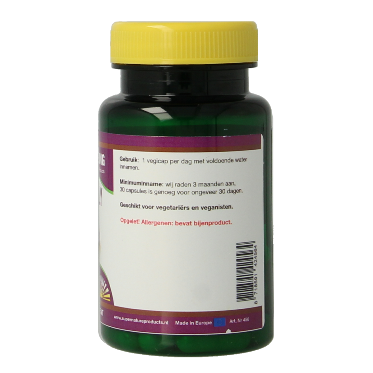 NHP Royal Jelly 2000mg vegetarian capsules, 30 count, softgel supplement with yellow capsules in blister pack.