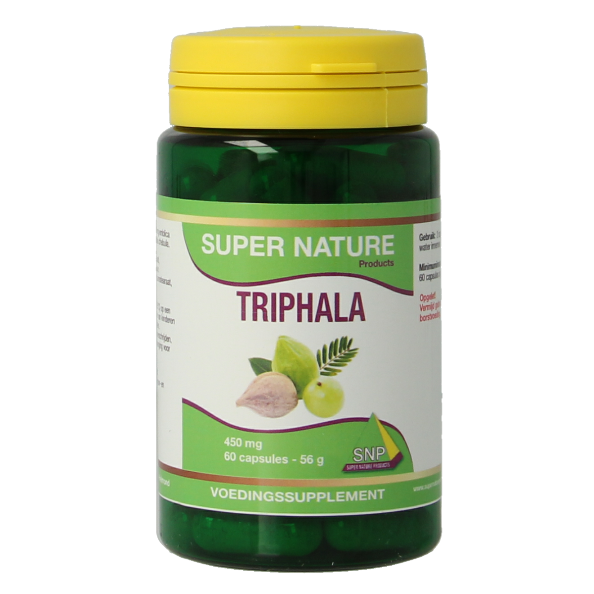 SNP Triphala herbal capsules in a bottle, dietary supplement from SNP for digestive health, 60 capsules.