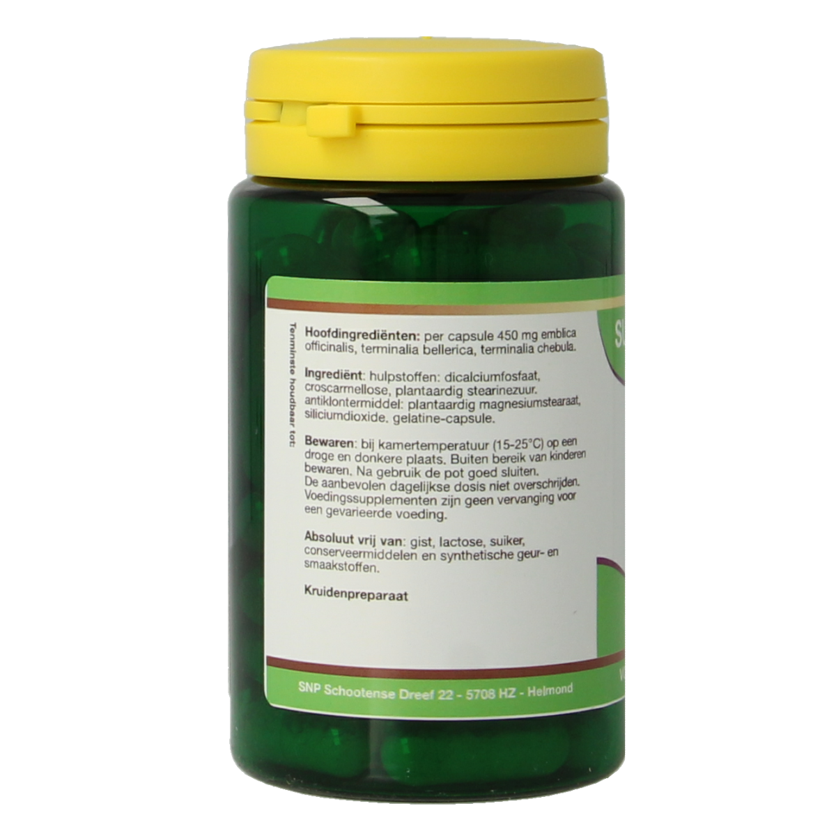 SNP Triphala herbal supplement capsules in a bottle, traditional Kruidenpreparaten for digestive health.
