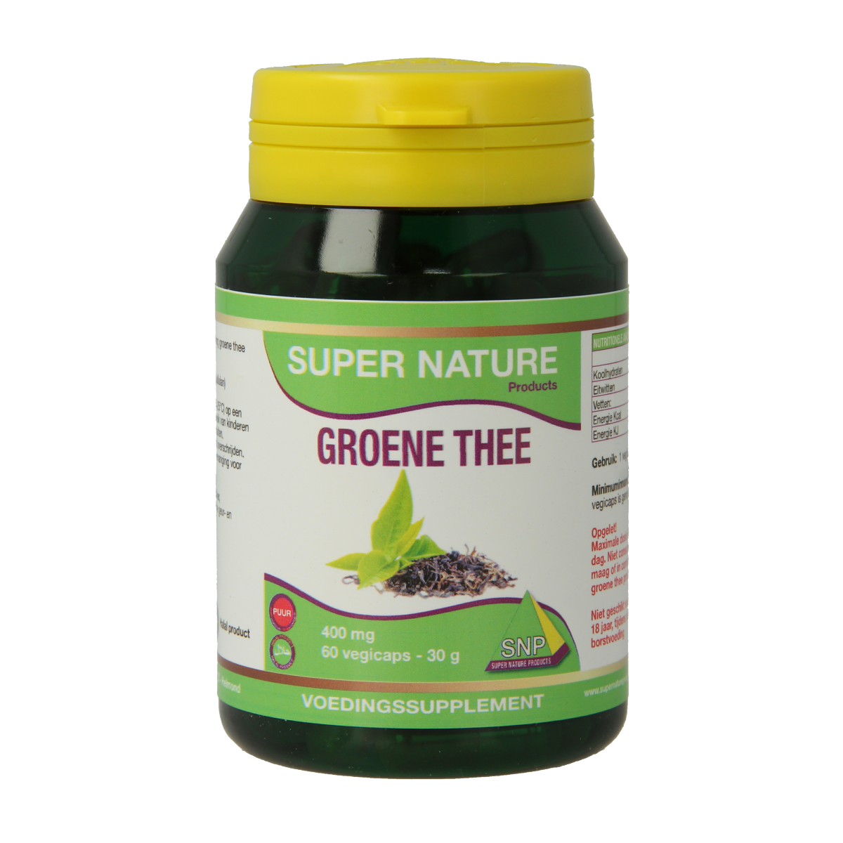 SNP Groene thee 400 mg vegetarische capsules, herbal supplement in a green bottle, with label showing product details.