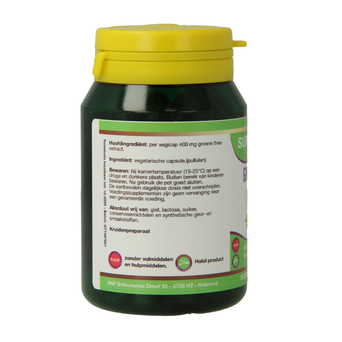 SNP Groene thee 400 mg vegetarische capsules, herbal supplement in green tea packaging with capsules visible.