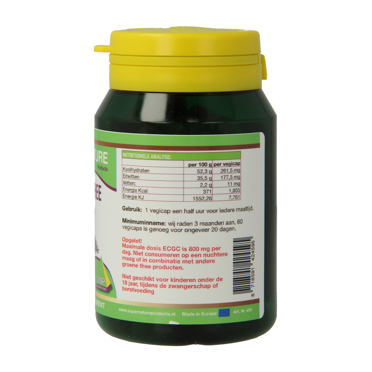 SNP Groene thee 400 mg vegetarische capsules, herbal supplement in a clear bottle with green tea capsules inside.