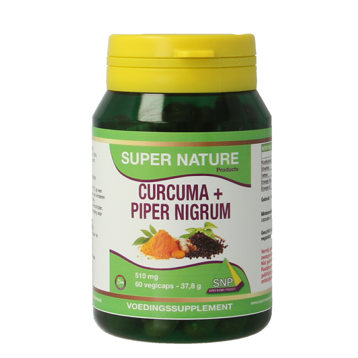 SNP Curcuma & Piper Nigrum vegetarian capsules in a bottle, herbal supplement with 510mg per capsule.