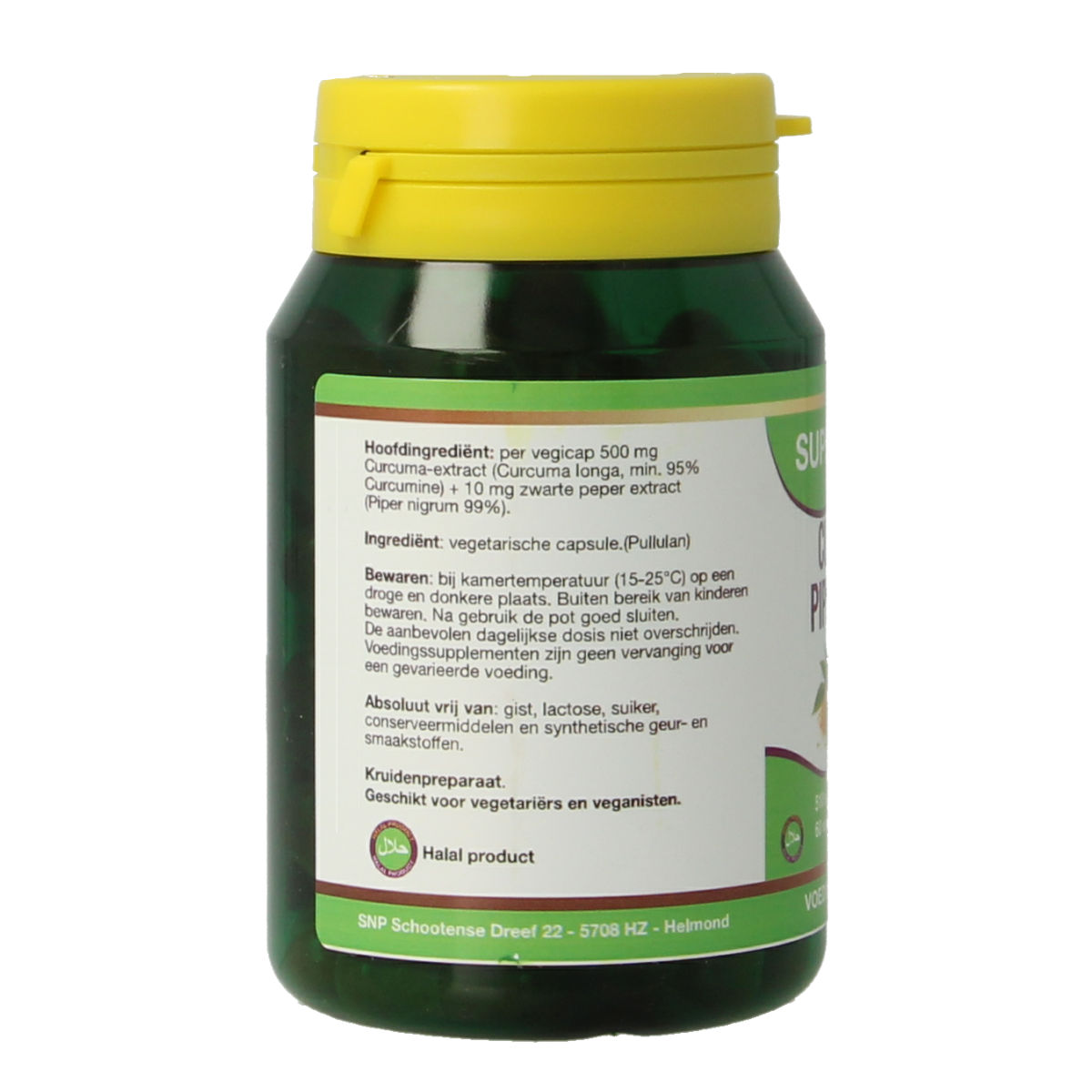 SNP Curcuma & Piper Nigrum herbal capsules in a white bottle, 60 vegetarian capsules, dietary supplement with turmeric and black pepper.