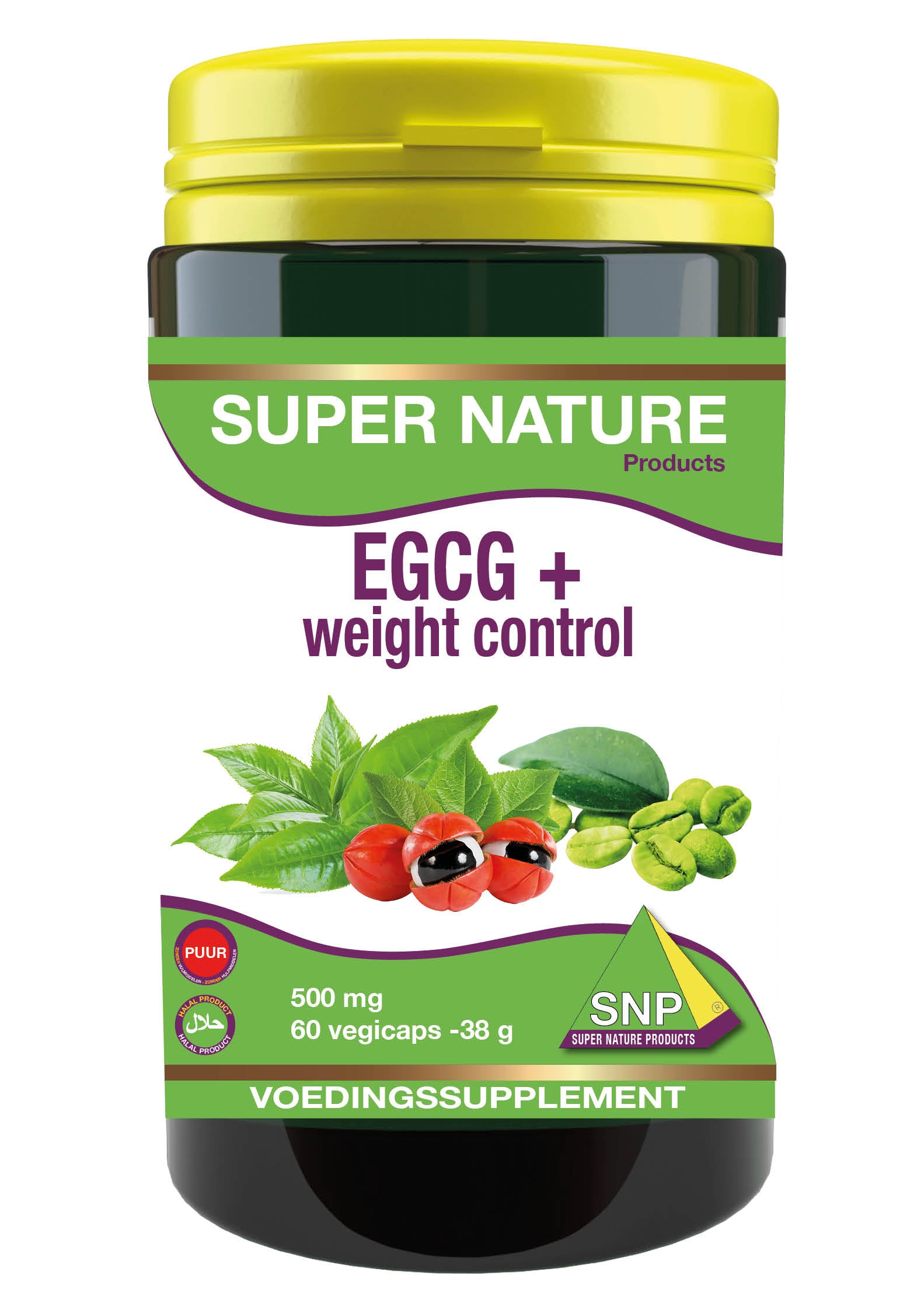 SNP EGCG+ Weight Control herbal capsules in a bottle, vegetarian dietary supplement for weight management, green capsule appearance.