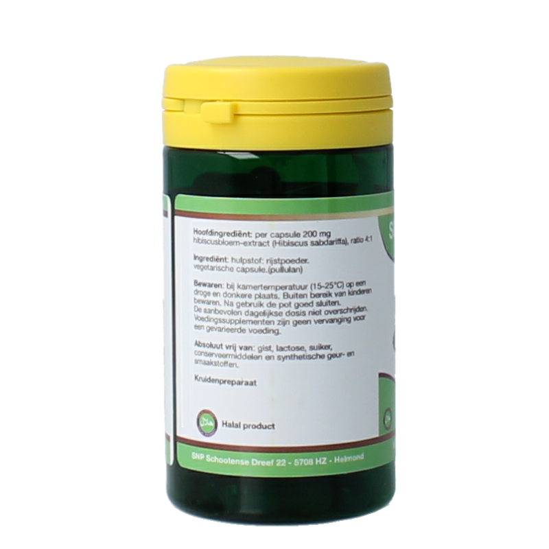 SNP Hibiscus 60 vegetarian capsules in a clear bottle, herbal supplement for wellness, with hibiscus flower illustration on label.
