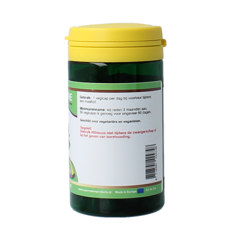 SNP Hibiscus 60 vegetarian capsules in clear bottle, herbal supplement for natural health, labeled with product and brand details.