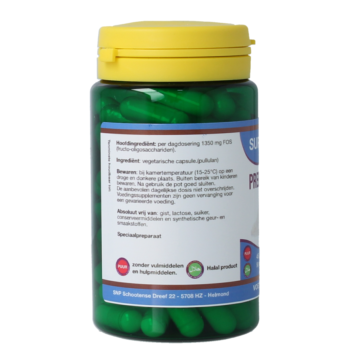 SNP Prebioticum FOS 450mg pure capsules, probiotic supplement with micro-organisms, in a bottle of 90 capsules.