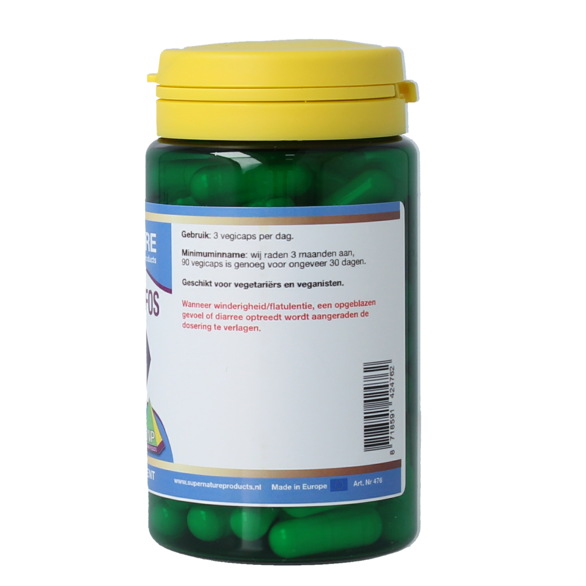 SNP Prebioticum FOS 450mg capsules, containing micro-organisms, in a clear bottle with 90 capsules visible inside.