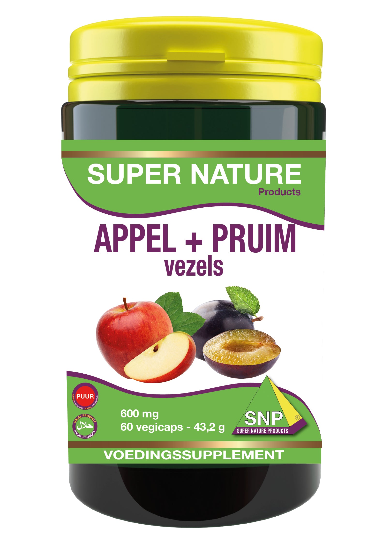 SNP Appel pruim vezels vegetarian capsules, 600 mg herbal supplement, showing the capsule packaging and product label.