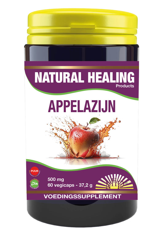 NHP Appelazijn in 60 vegetarische capsules, herbal supplement with apple cider vinegar, shown in a clear bottle.