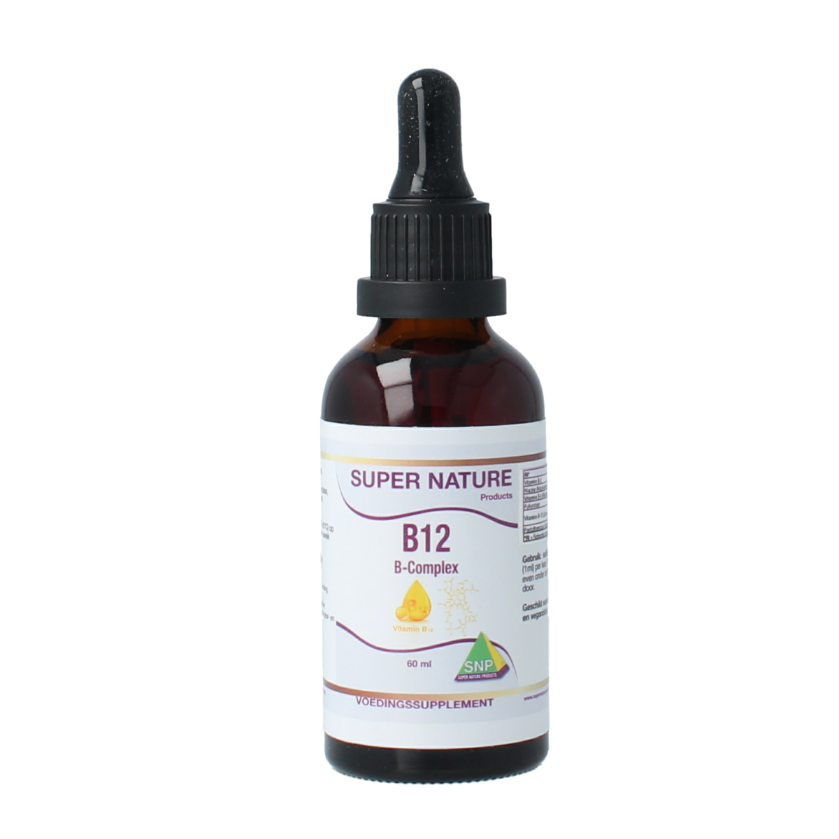 SNP Vitamin B12 B complex sublingual supplement in 60ml bottle, colorful liquid with dropper for easy use
