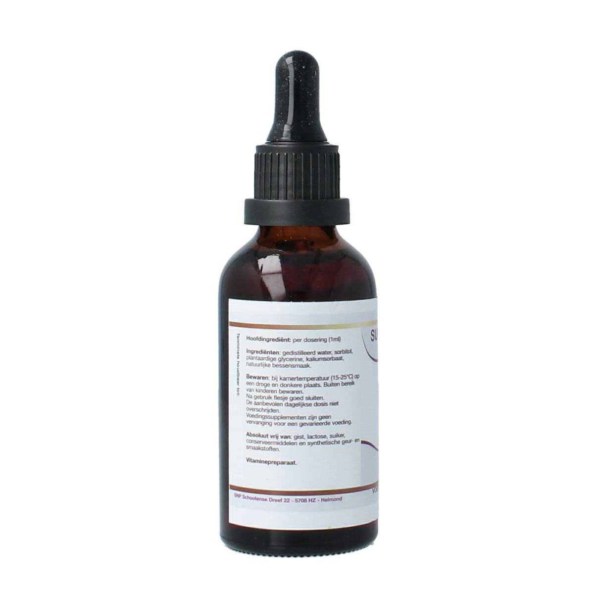 SNP Vitamin B12 B complex sublingual liquid supplement in a 60ml bottle, featuring colorful packaging and dropper for easy use.