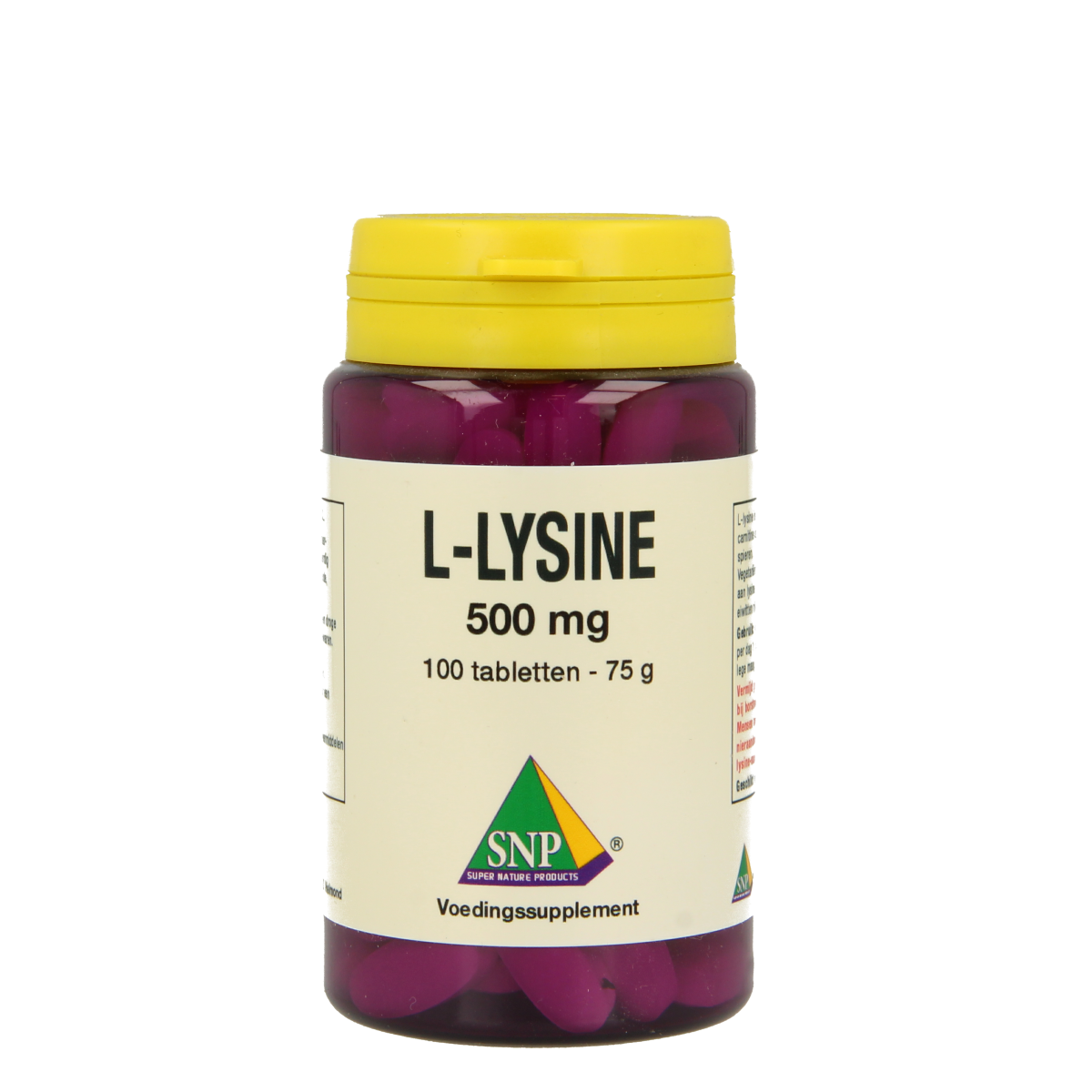 SNP L-Lysine 500mg amino acid tablets, 100 count, showing the supplement bottle with tablets and label details.