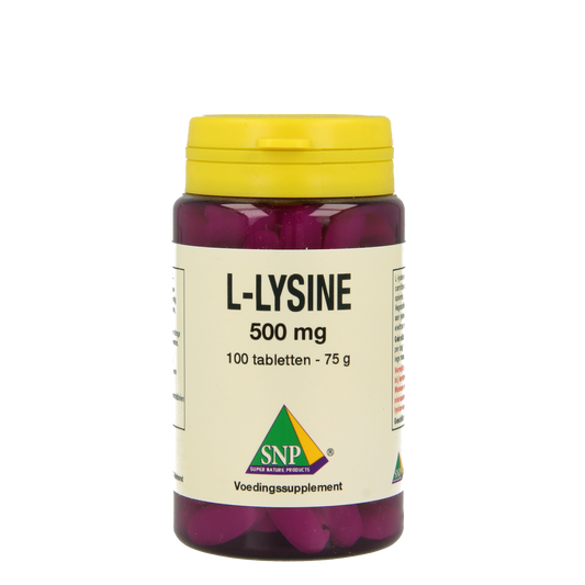 SNP L-Lysine 500mg amino acid tablets, 100 count, showing the supplement bottle with tablets and label details.