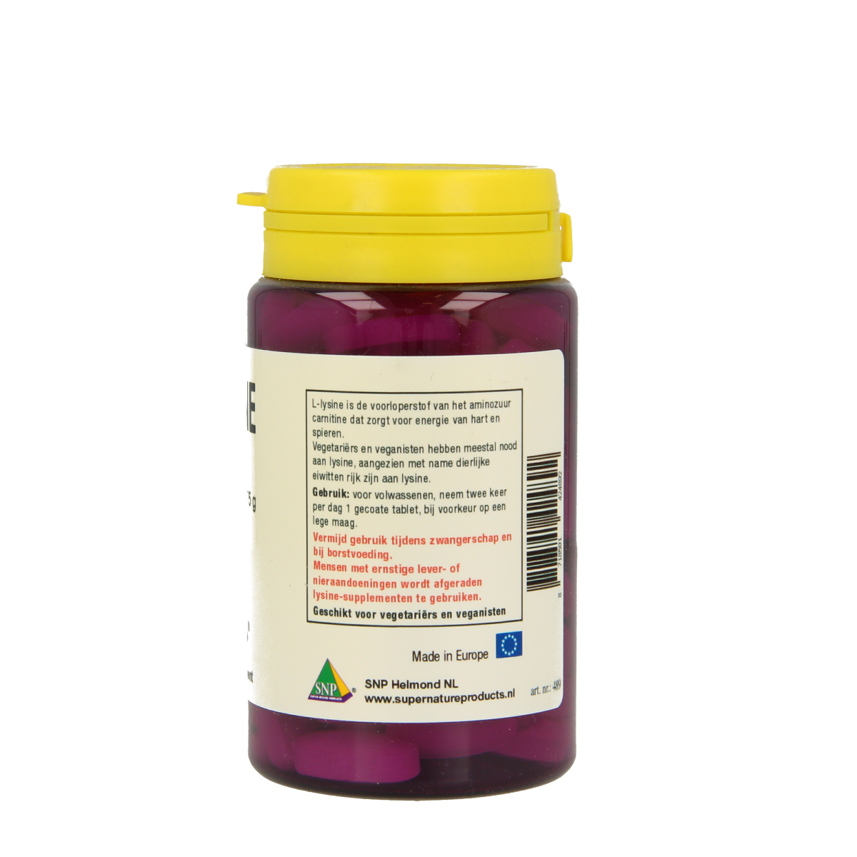 SNP L-Lysine 500mg amino acid tablets, 100-count, showing the supplement container and tablets on a white background.