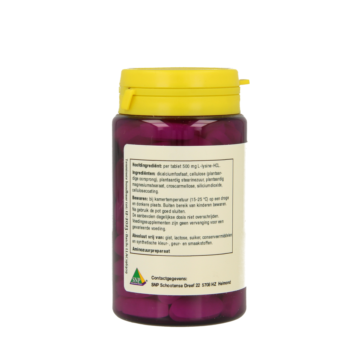 SNP L-Lysine 500mg amino acid tablets, 100 count, showing the supplement bottle with tablets inside.