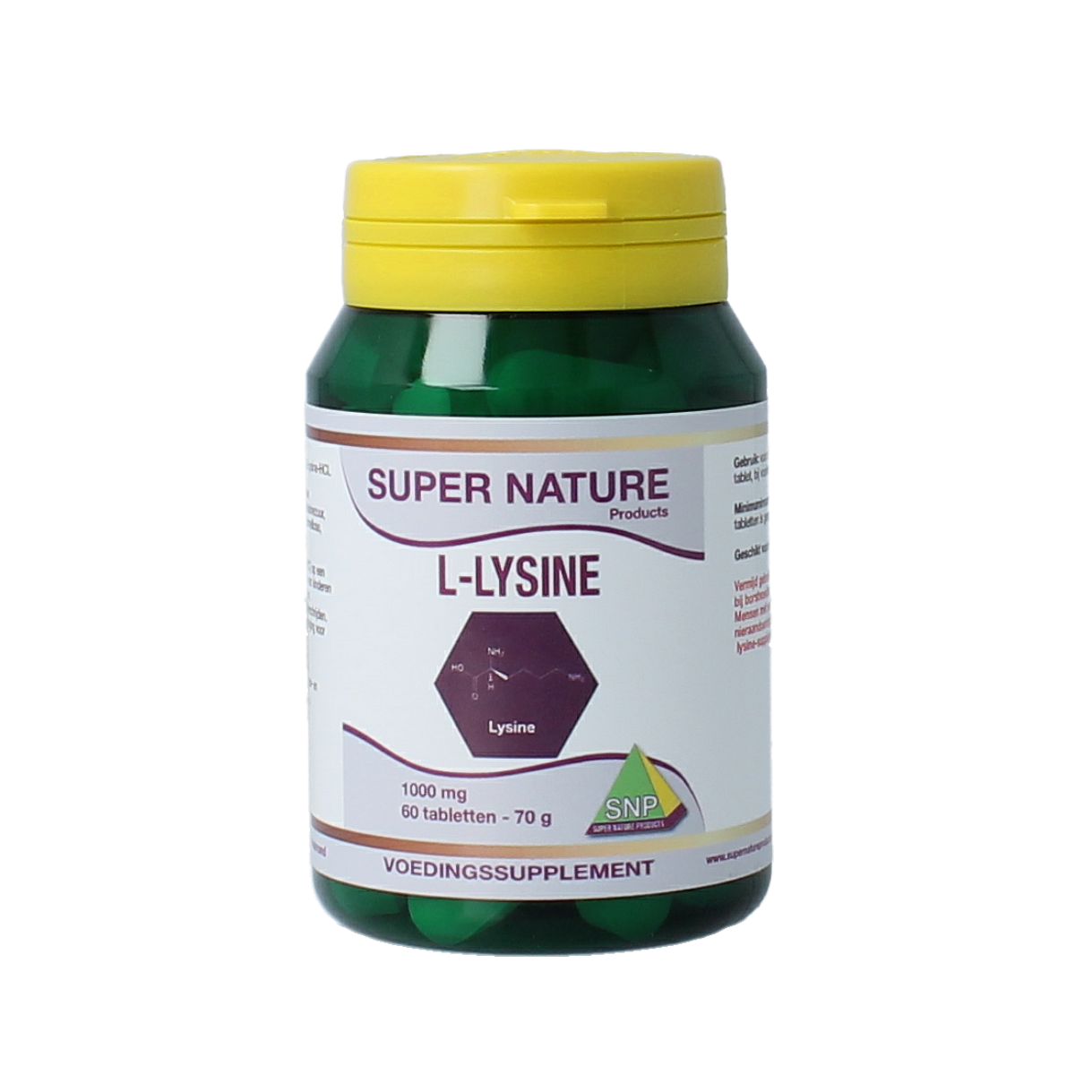 SNP L-Lysine 1000mg amino acid tablets, 60-count, showing the supplement bottle and tablets inside