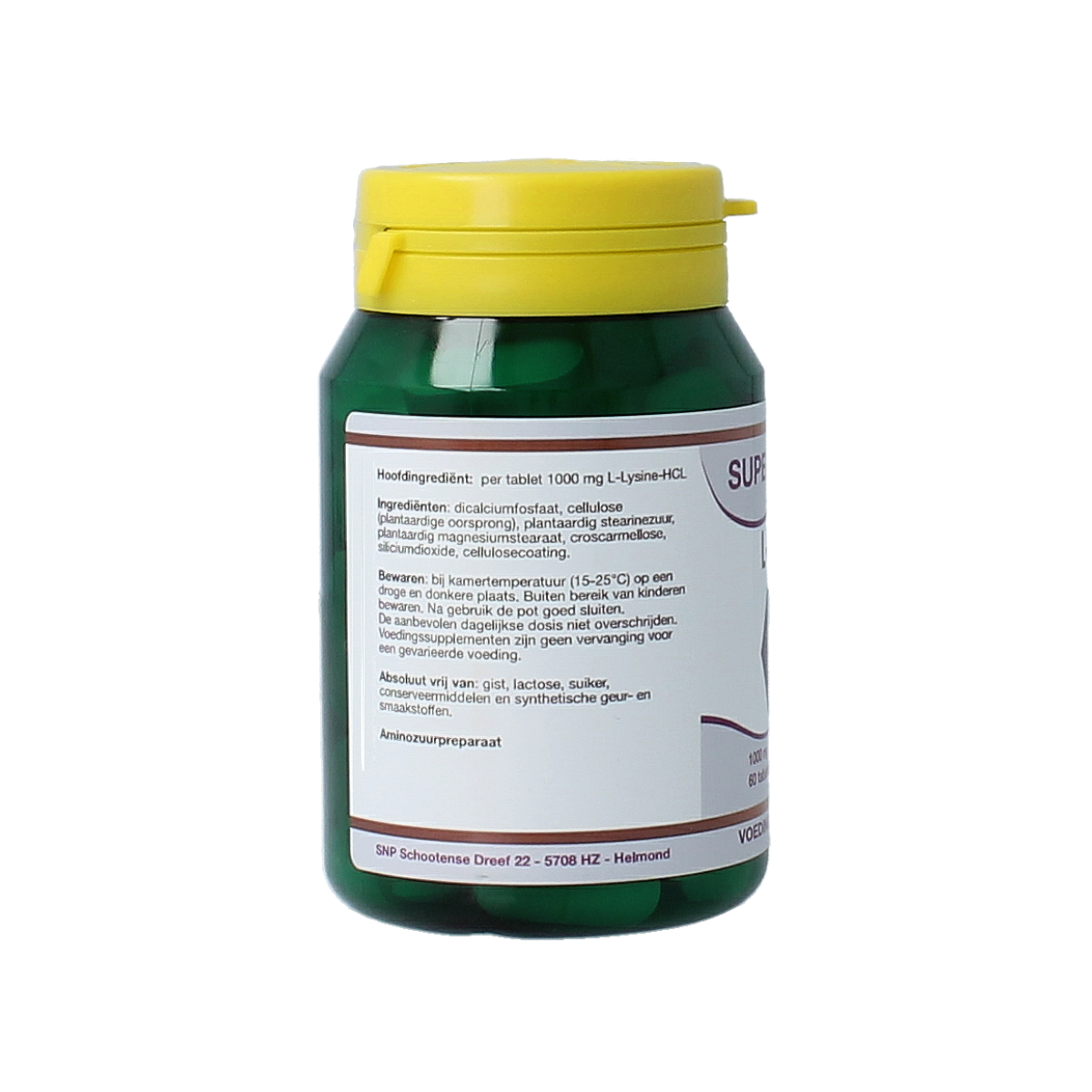 SNP L-Lysine 1000mg amino acid tablets, 60 count, showcasing the supplement bottles with label details.