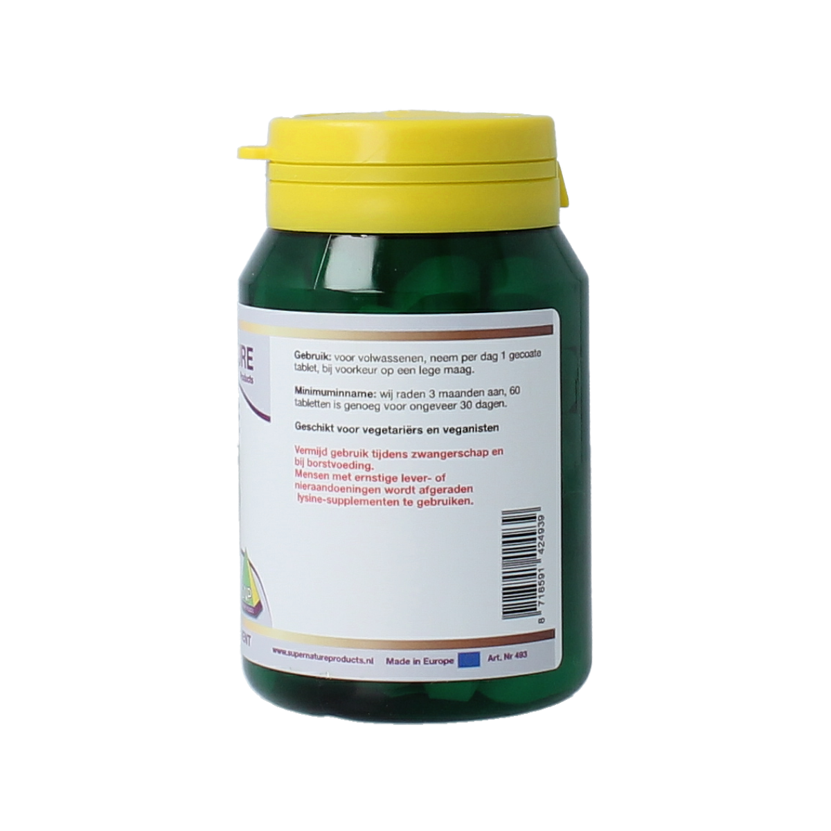 SNP L-Lysine 1000mg amino acid tablets, 60 count, shown in blister pack with capsules visible