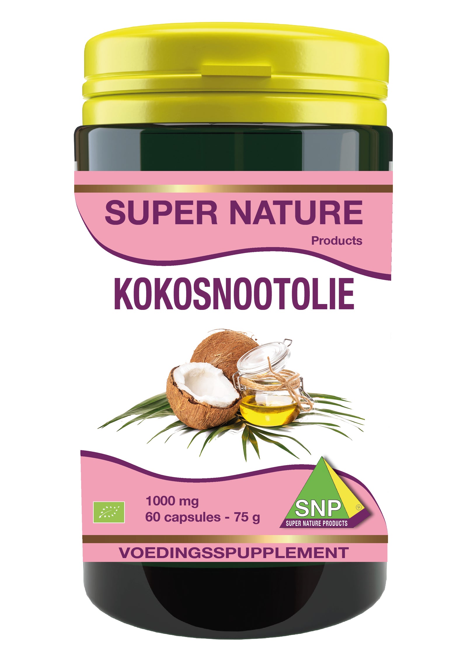 SNP Kokosnootolie 1000mg capsules in a bottle, herbal supplement product with 60 capsules for natural health support.