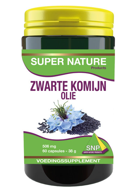 SNP Zwarte komijn olie capsules in a bottle, dietary supplement containing black cumin oil, for supporting health and wellness.