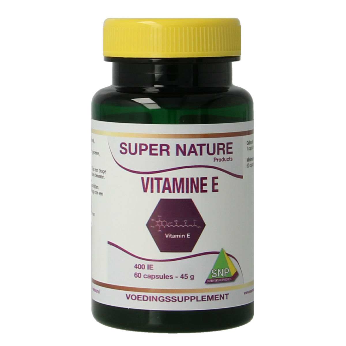 SNP Vitamin E 400IU capsules in a bottle, showing 60 softgel capsules for supporting skin and immune health.