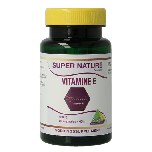 SNP Vitamin E 400IU capsules in a bottle, showing 60 softgel capsules for supporting skin and immune health.