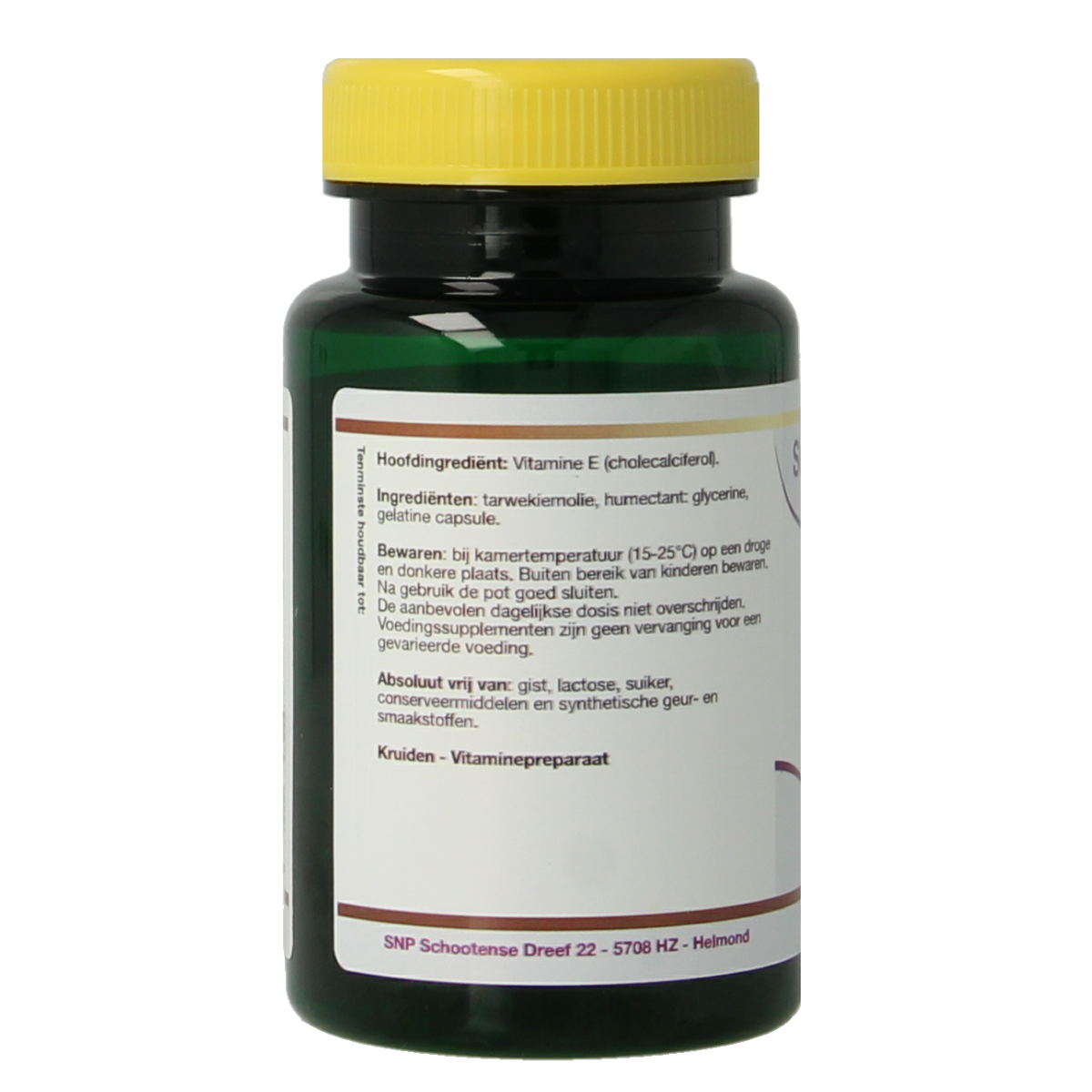 SNP Vitamin E 400IU capsules, natural supplement in a bottle, showing the product label with capsules inside.