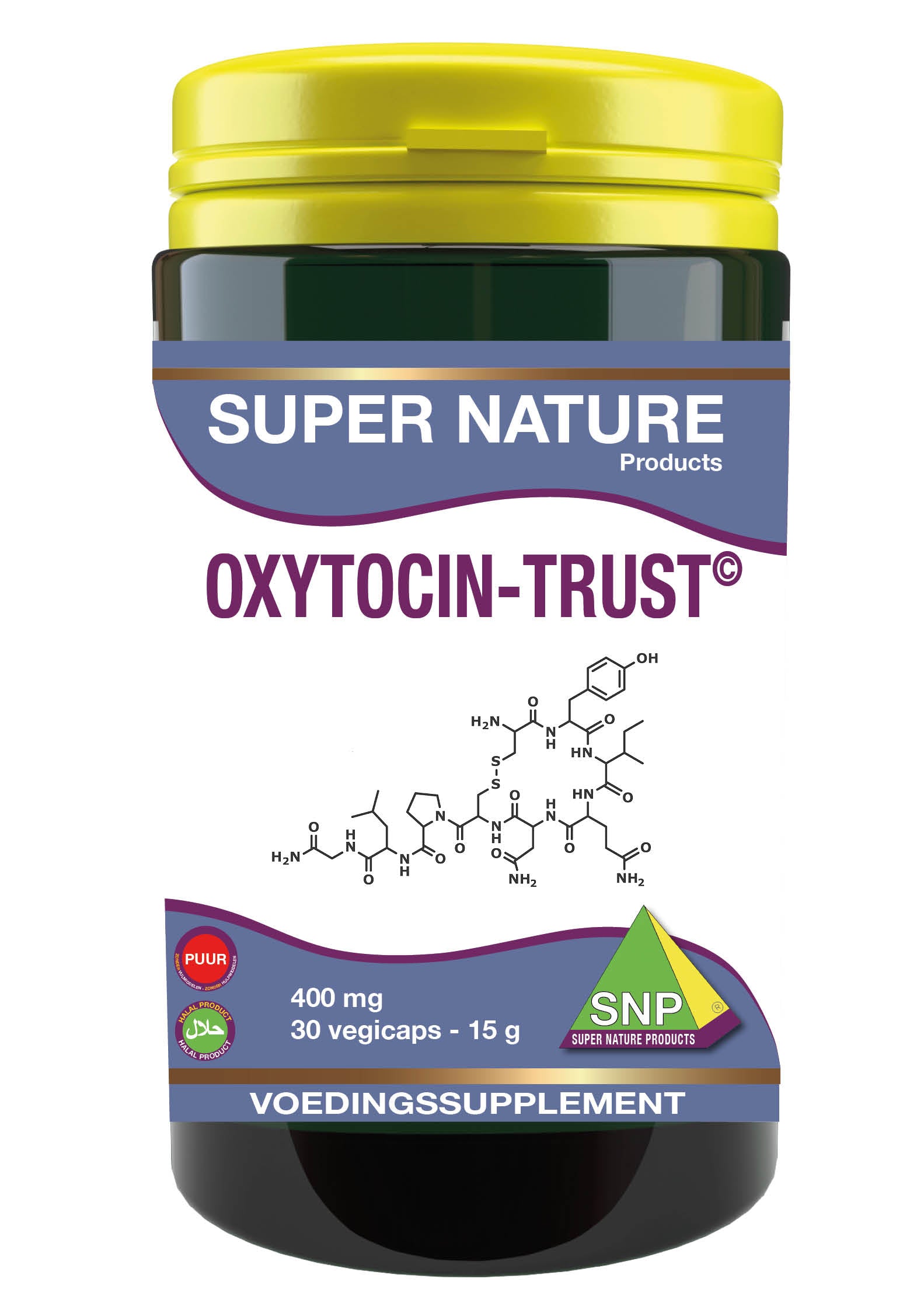 SNP Oxytocin-trust puur vegetarian capsules, herbal supplement in a clear bottle with white cap on a white background