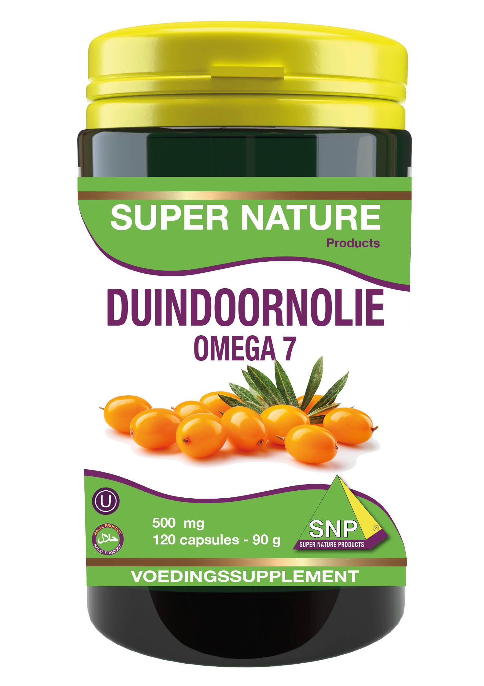 SNP Duindoorn olie omega 7 capsules, halal kosher dietary supplement, 120 softgel capsules in a bottle.