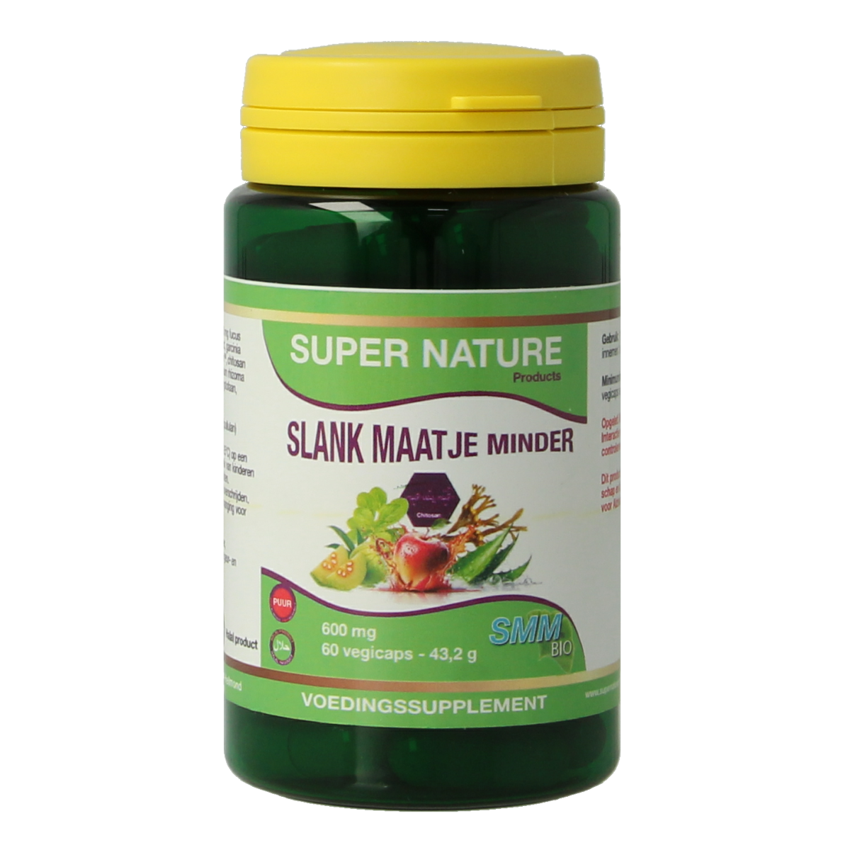 SNP Slank Maatje Minder Puur herbal capsules in a bottle, vegetarian dietary supplement packaging with capsules visible