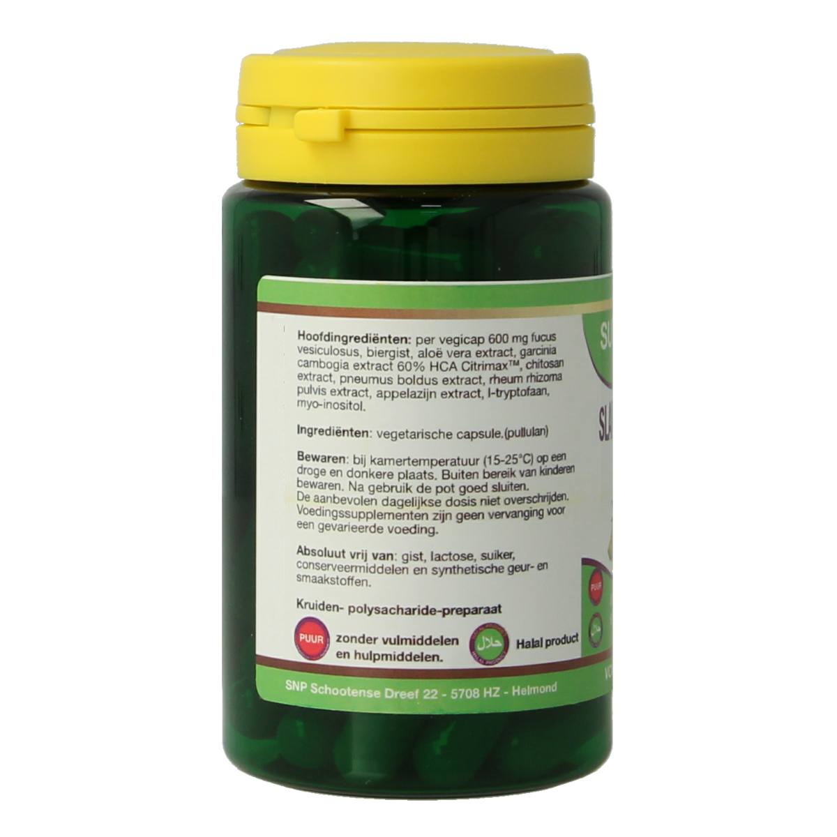 SNP Slank maatje minder puur vegetarian capsules in a white bottle, herbal dietary supplement for weight management.