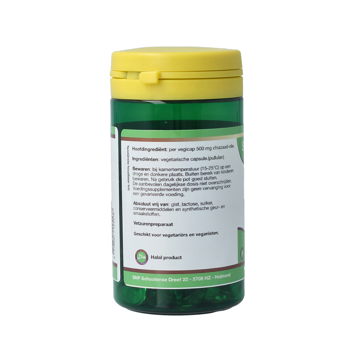 SNP Chiazaad olie vegetarian capsules, 500mg, in a bottle, showcasing the supplement's label and capsules inside.