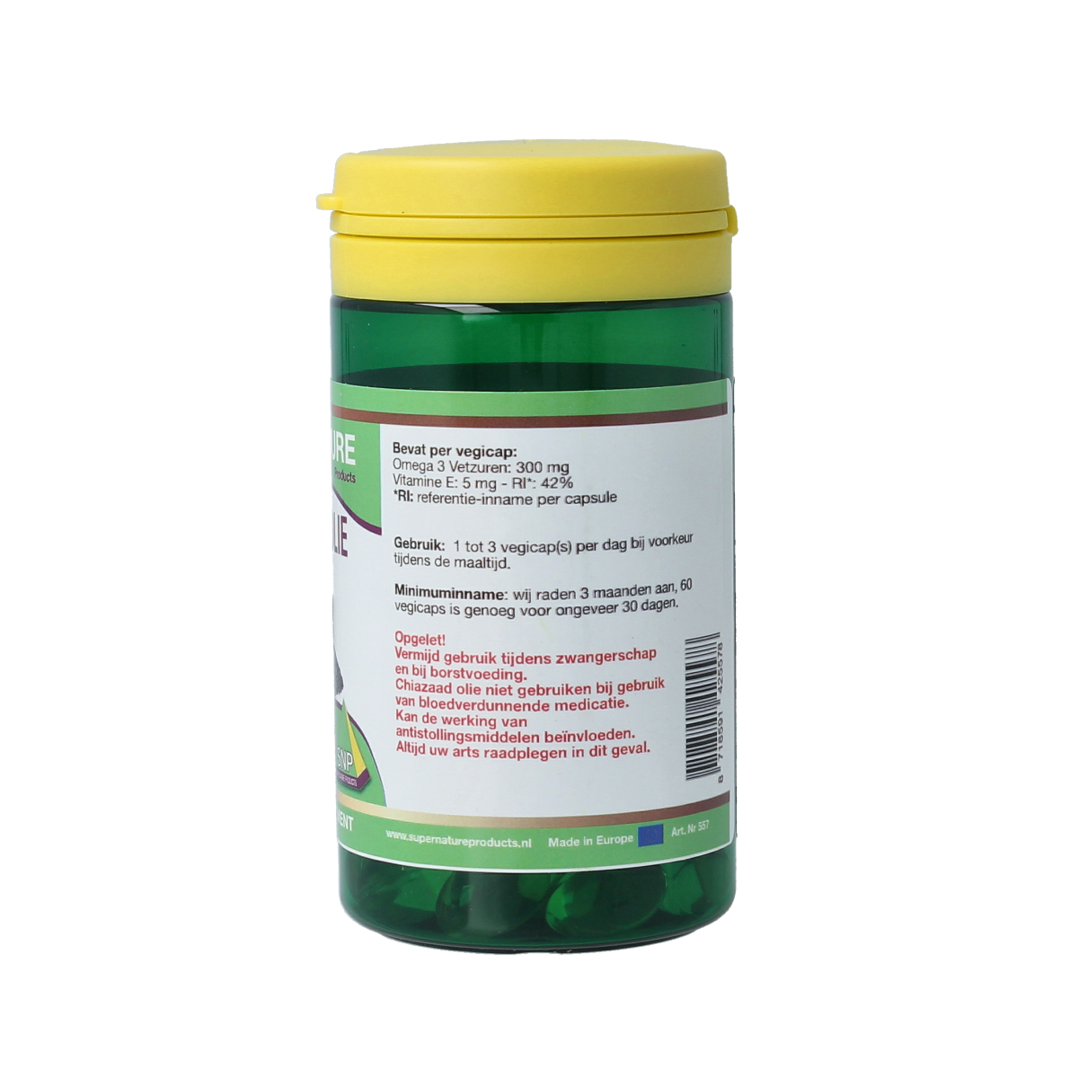 SNP Chiazaad olie vegetarian capsules, 500mg, with chia seed oil for healthy fats, shown in the product image.