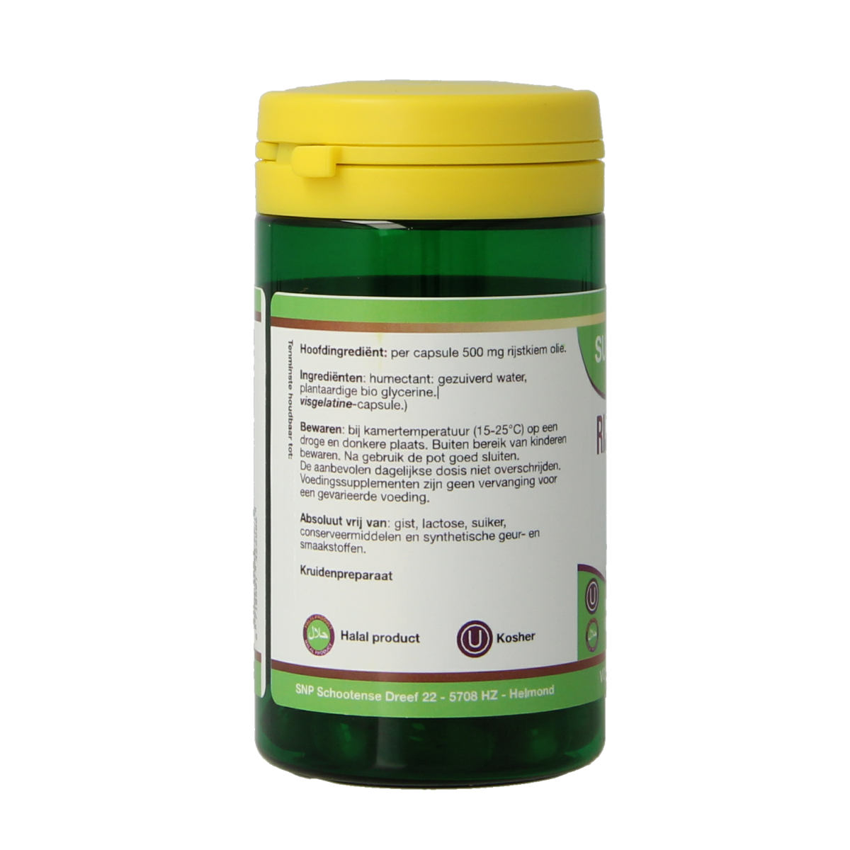 SNP Rijstkiem olie halal kosher capsules, herbal supplement, 60 capsules, natural health product in a blister pack