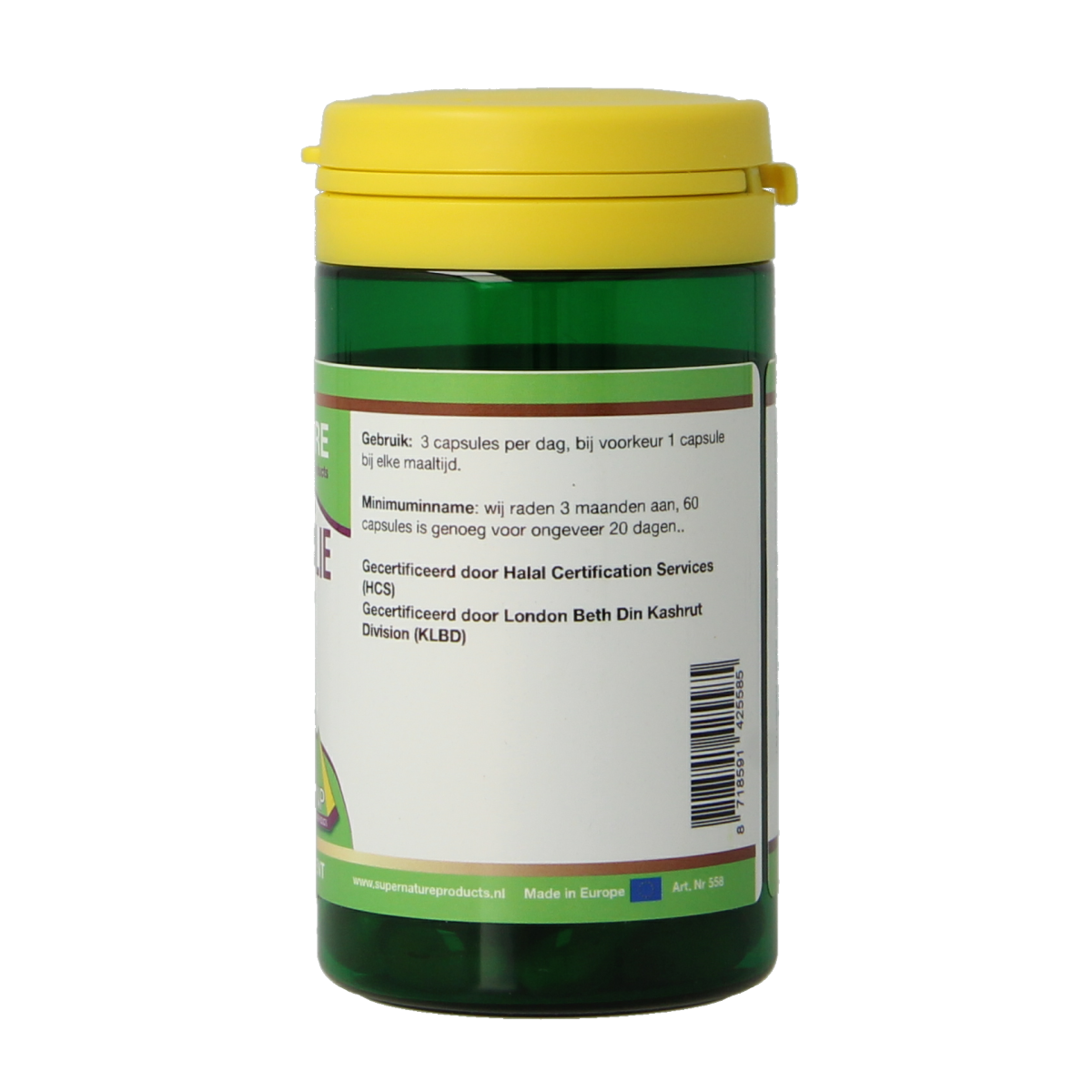 SNP Rijstkiem olie halal kosher capsules, herbal supplement in a clear bottle with capsules visible inside.