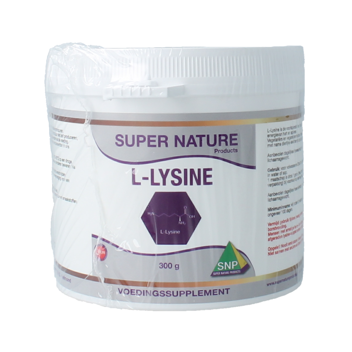 SNP L-Lysine powder in a 300g container, a dietary amino acid supplement with natural white powder appearance.