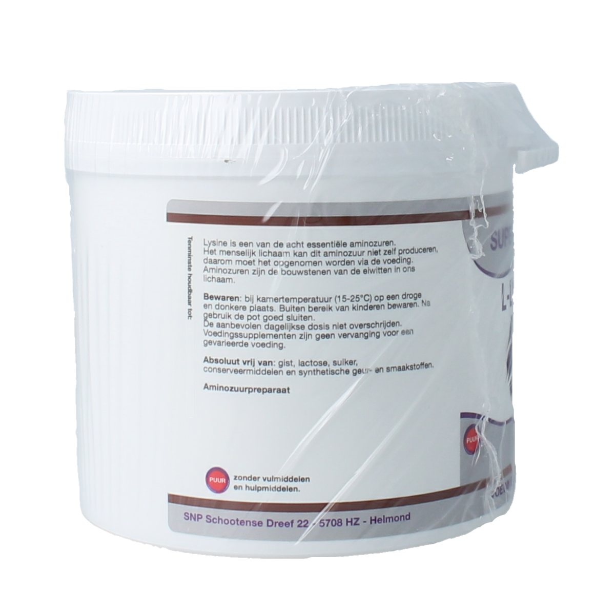 SNP L-Lysine amino acid powder in 300g container, showing the product label and packaging.