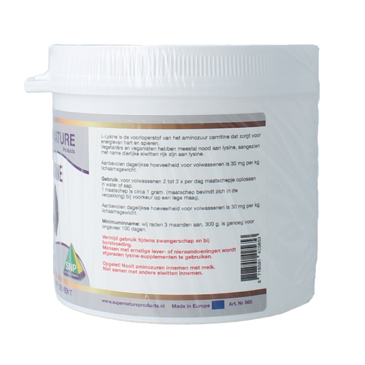 SNP L-Lysine powder in 300g container, natural amino acid supplement, showing the product packaging with the SNP brand label.