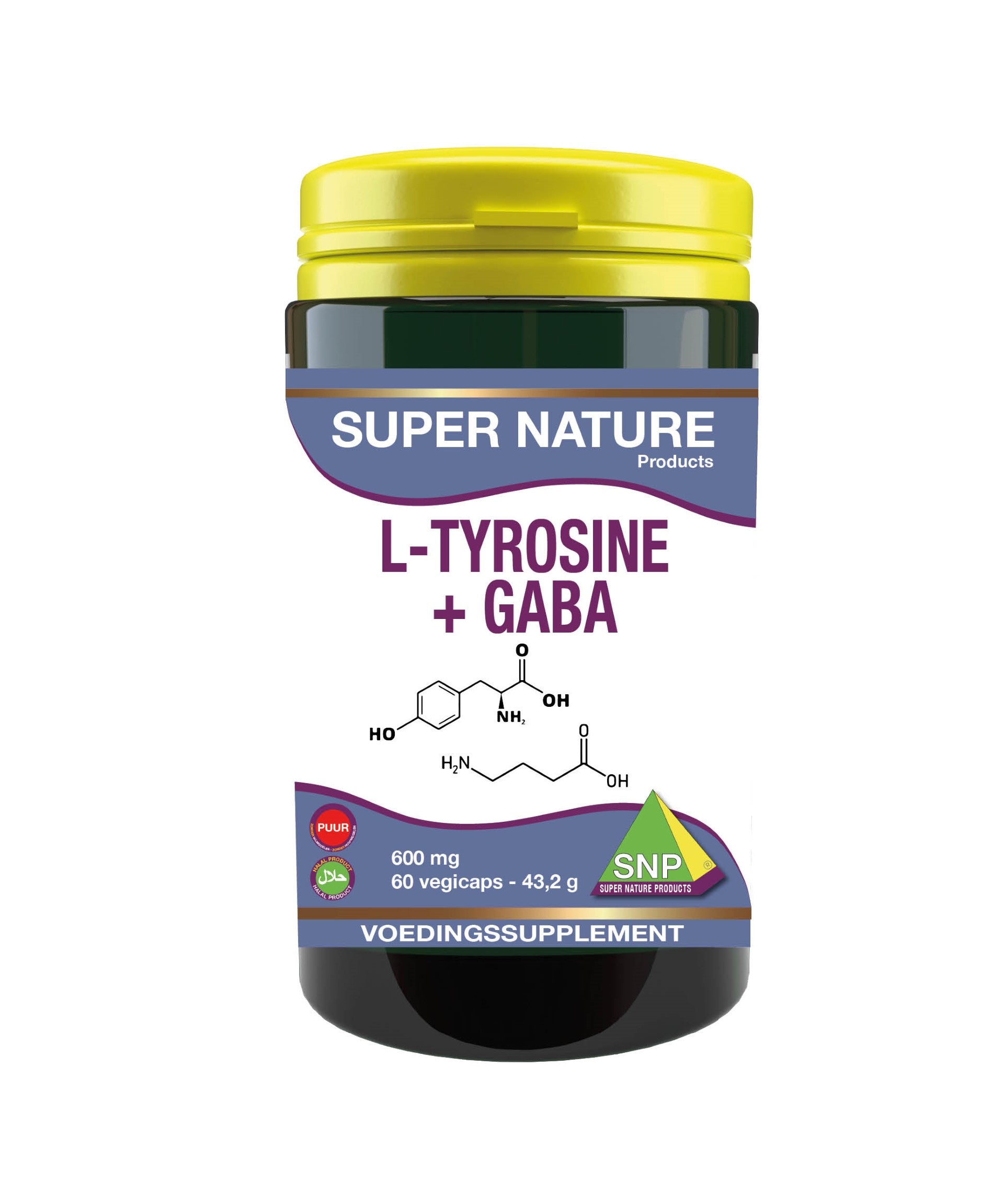 SNP L-Tyrosine + GABA vegetarian amino acid capsules, 600mg, in a clear bottle with capsules visible.