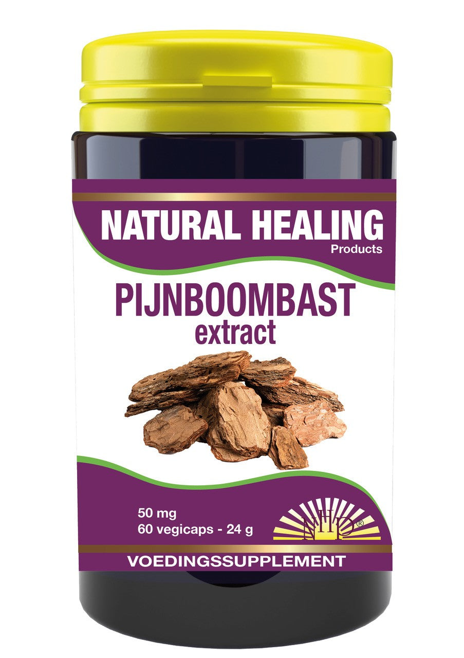 NHP Pijnboombast extract vegetarian capsules, 50mg, supplement for herbal health, displayed in clear bottle with label.